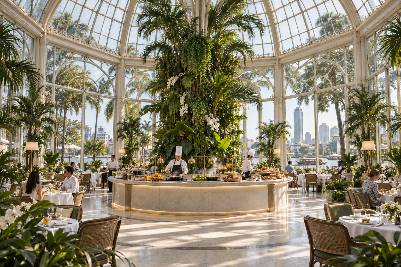 Imagined breakfast room inside the Mandarin Oriental Bangkok Victorian glasshouse