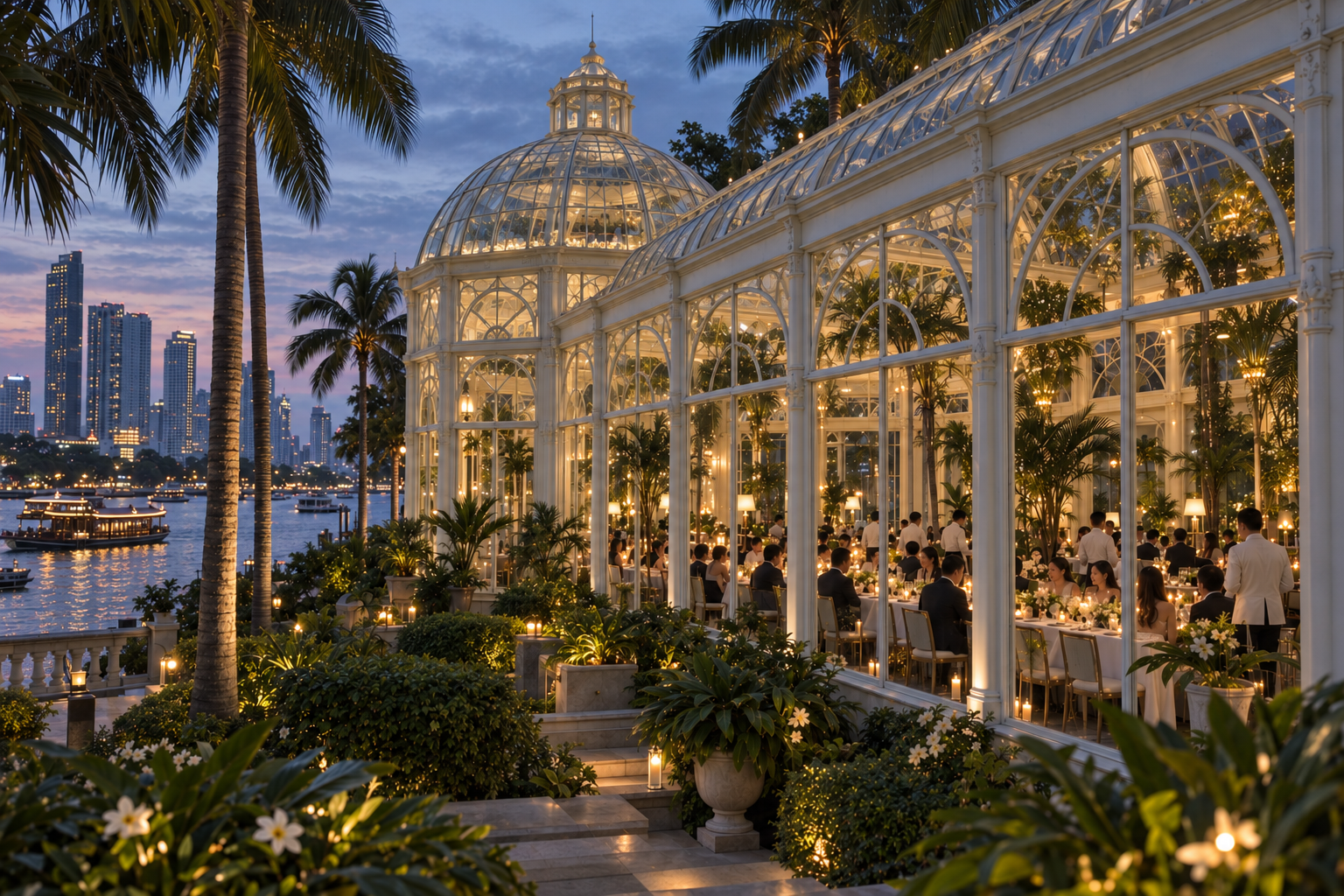 Victorian glasshouse beside Mandarin Oriental Bangkok illuminated at dusk