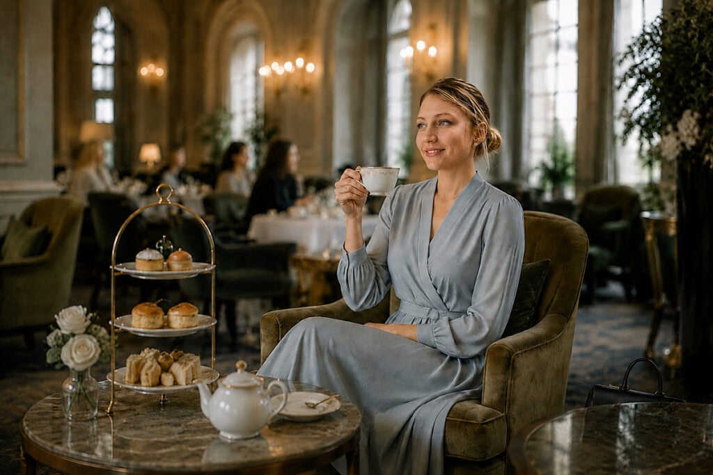 Vivi in a dusty blue wrap dress holding a teacup beside a tiered afternoon tea stand, an AI-generated illustration.