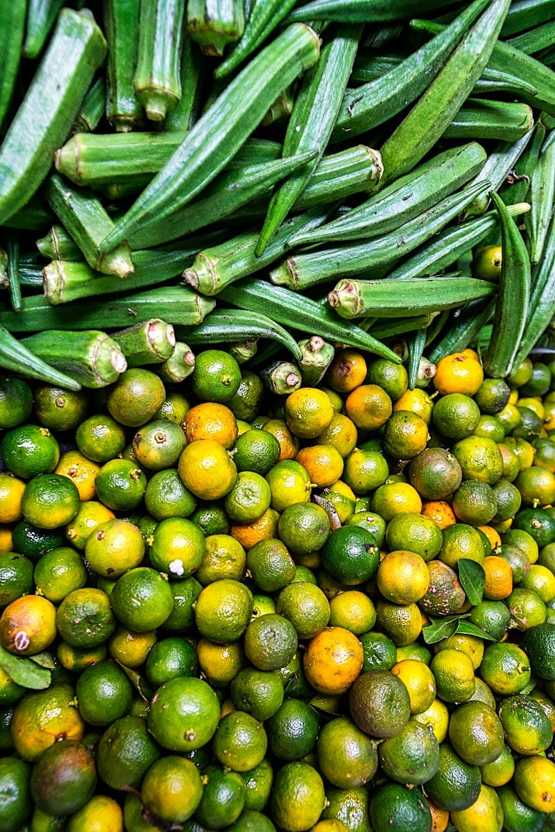 Fresh okra and citrus fruit for sale at Pasar Besar Melaka