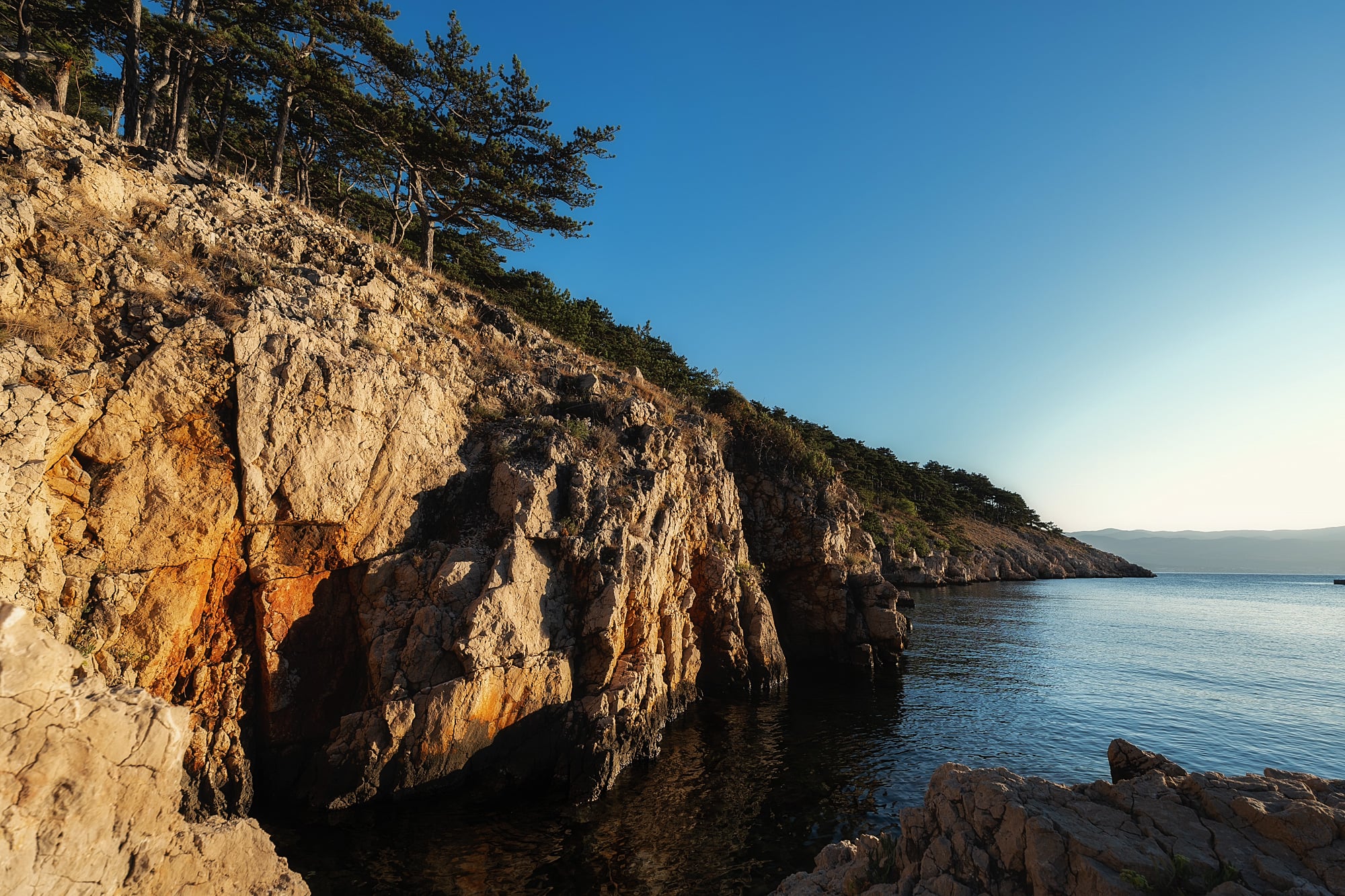 Sunlit cliffs topped with pine trees beside calm blue sea, with distant hills across the water.