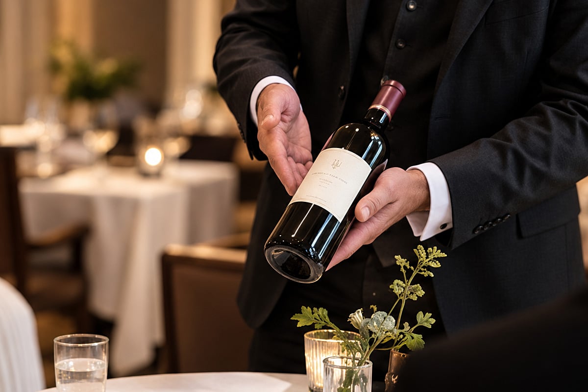 Sommelier presenting a wine bottle to a seated guest