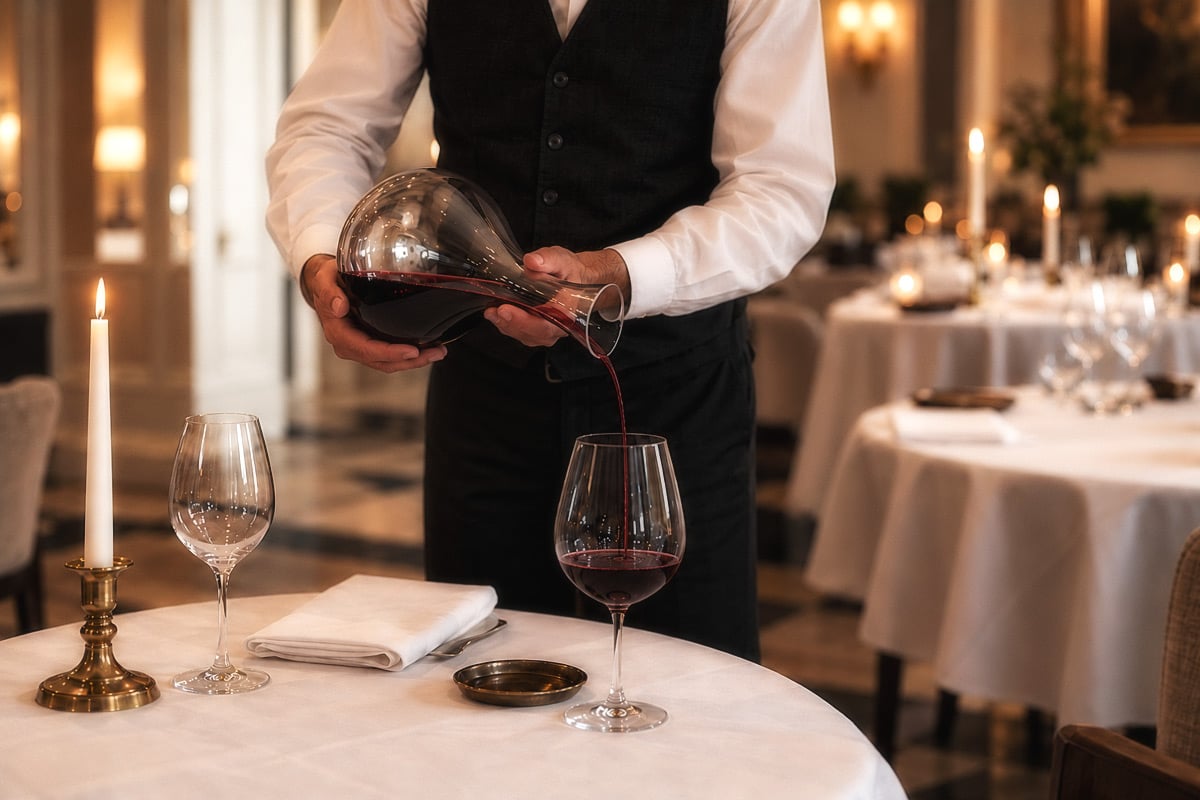 Sommelier pouring red wine from a glass decanter into a wine glass in a candlelit restaurant.